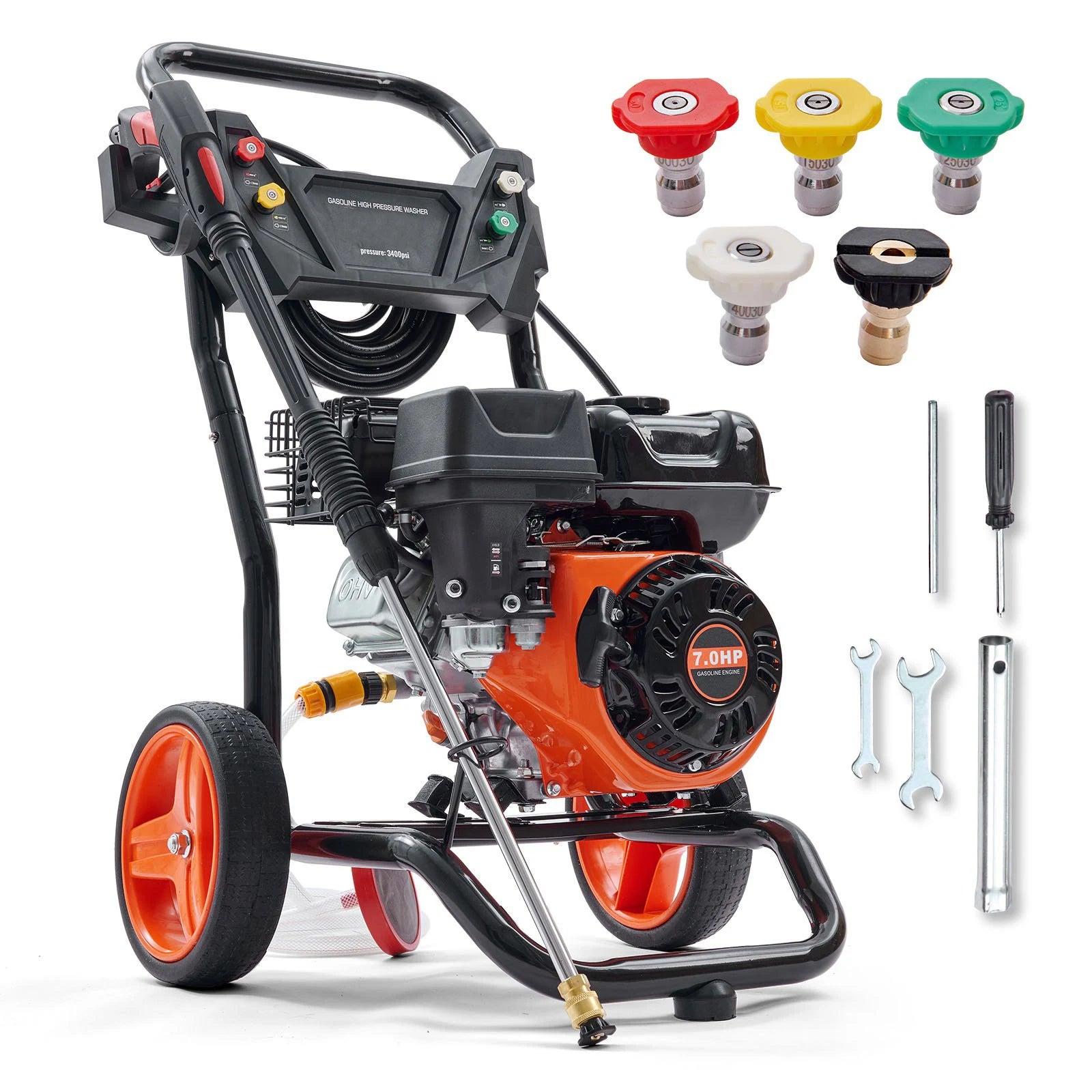 Bensindriven högtryckstvätt 3400 PSI 2,6 GPM med 5 munstycken och 26 ft slang