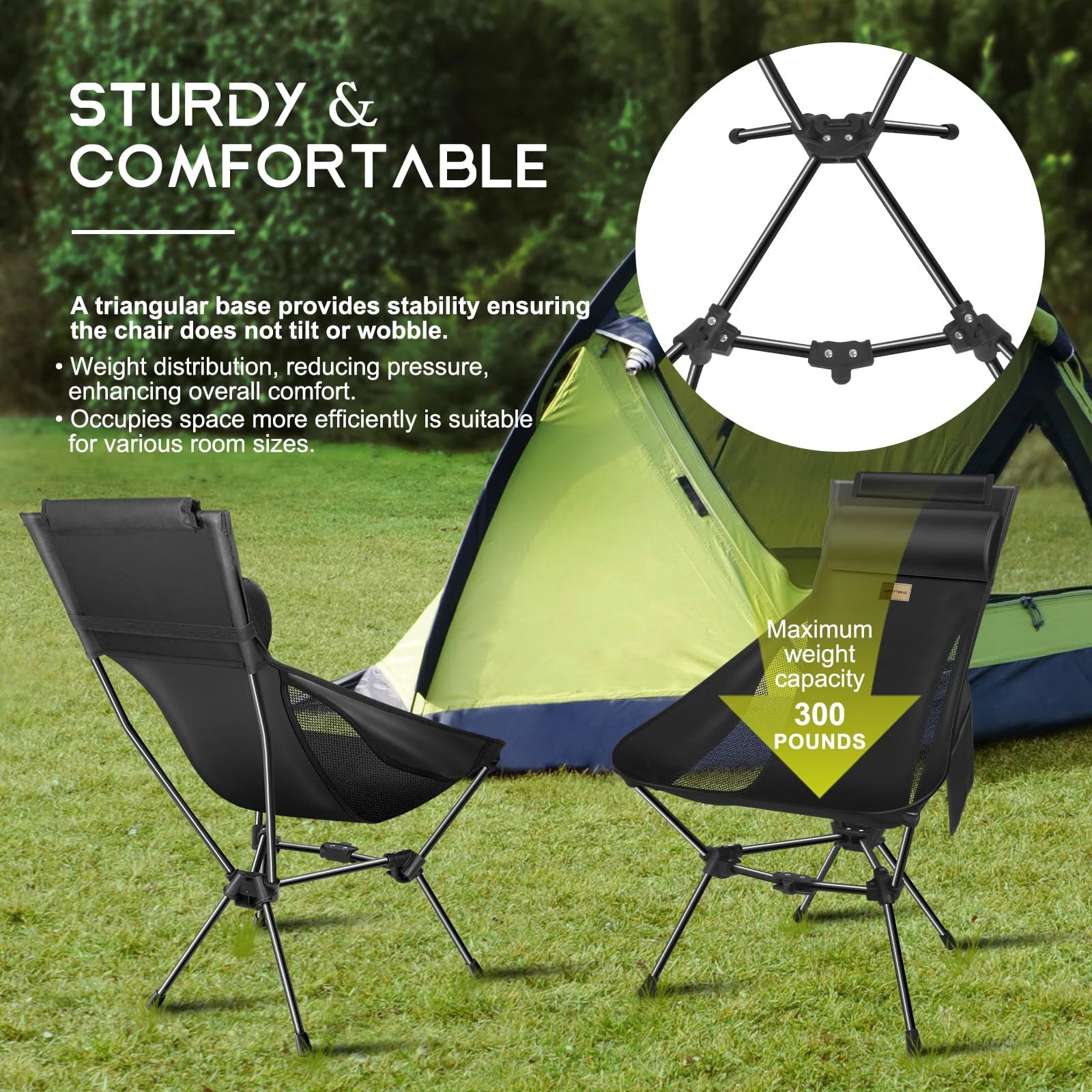 Portable Camping Chair with Headrest, 330 lb Folding Seat