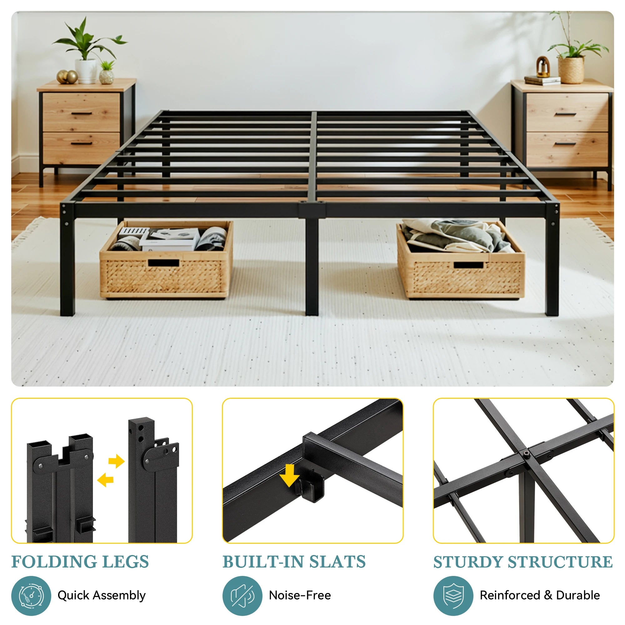 Heavy-Duty Metal Bed Frame with 14" Storage, No Box Spring
