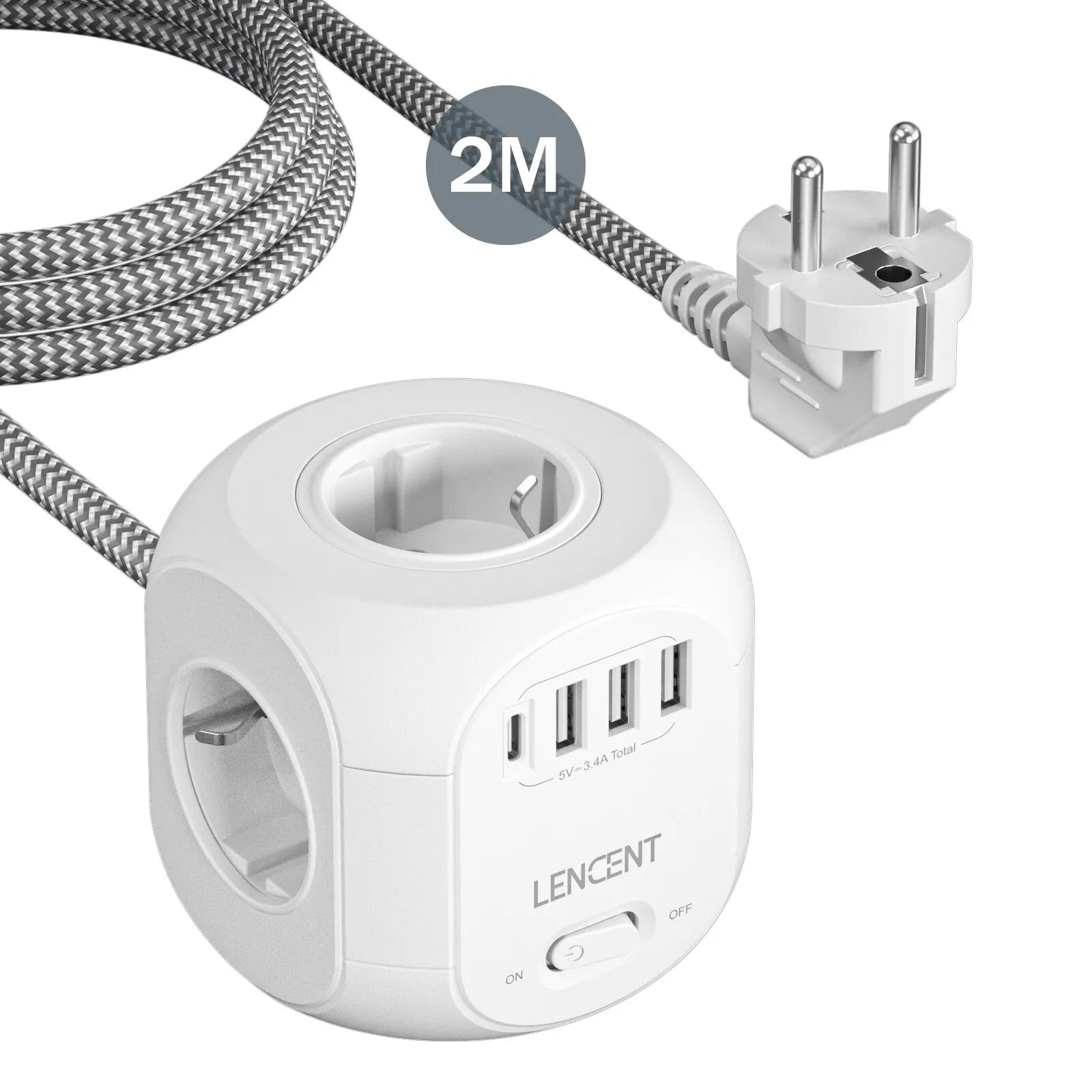 LENCENT EU Plug Power Strip with 4 AC Outlets 3 USB Port 1 Type C 2M/3M Braided Cable Multi Socket with Switch for Home 