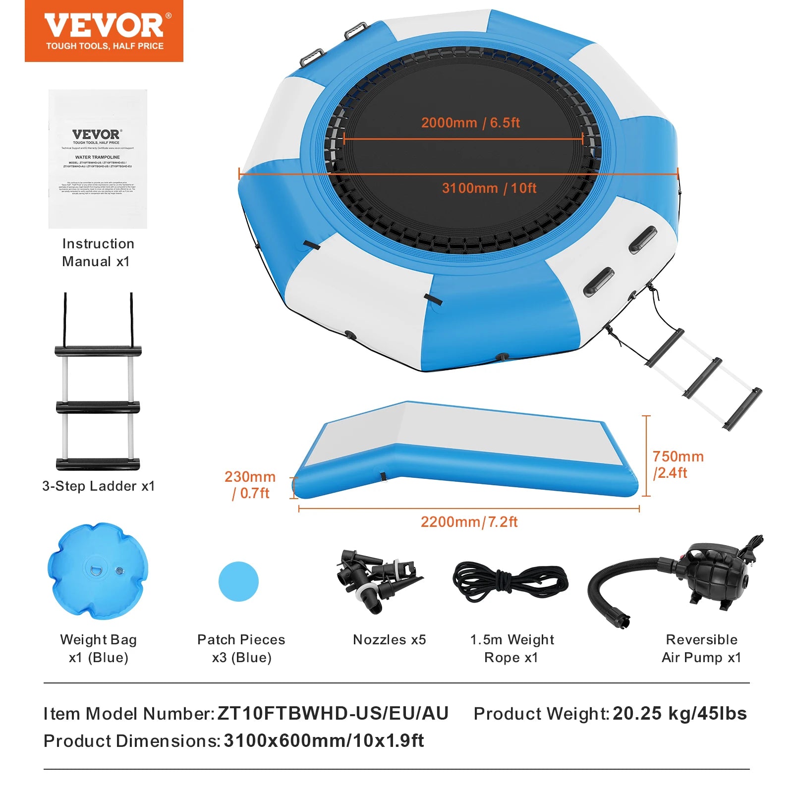 Trampoline aquatique gonflable 10 pieds avec toboggan, échelle et plateforme de baignade