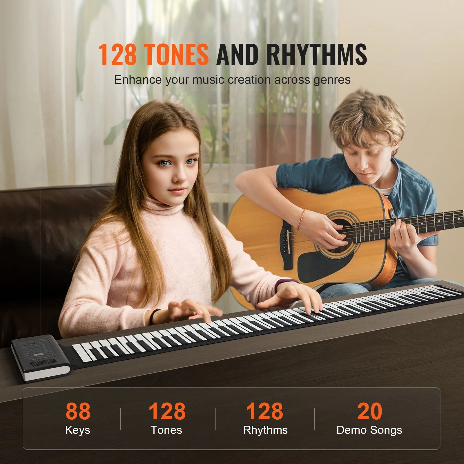 88-Key Roll Up Piano Keyboard with 128 Tones & Rechargeable Battery