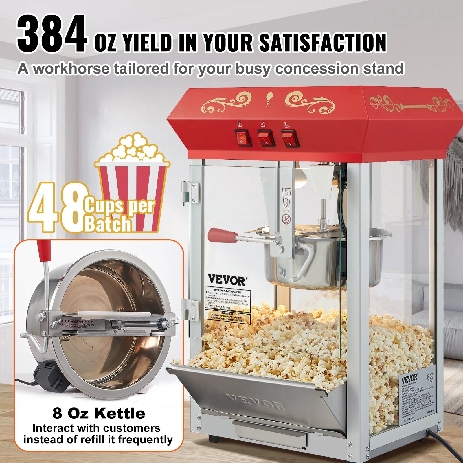 Commercial Electric Popcorn Machine 8/12 Oz High Output Popper