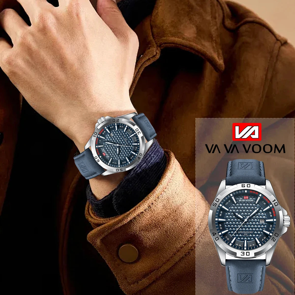 VA VA VOOM Men Casual Sport Military Quartz Calendar Wrist Watch for Man Business Leather Waterproof Male Clock Relogio Masculin 