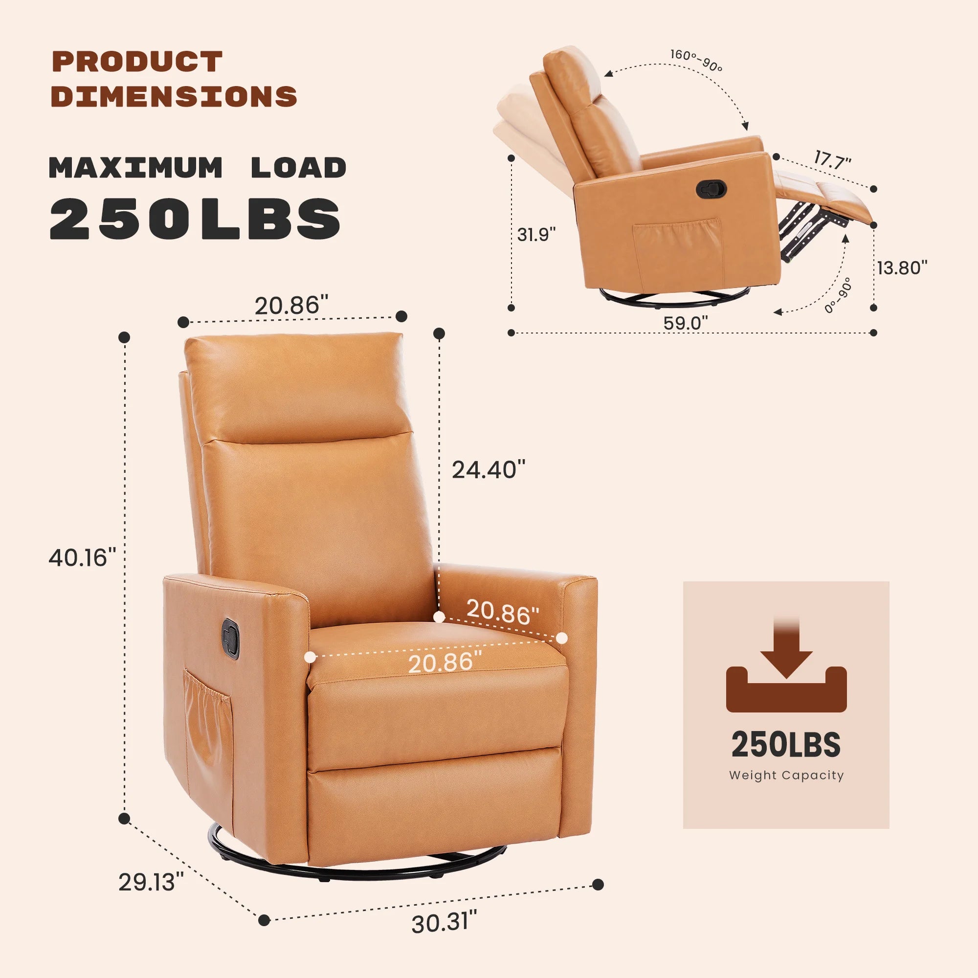 Swivel Rocker Recliner Chair with Large Footrest and Deep Seat