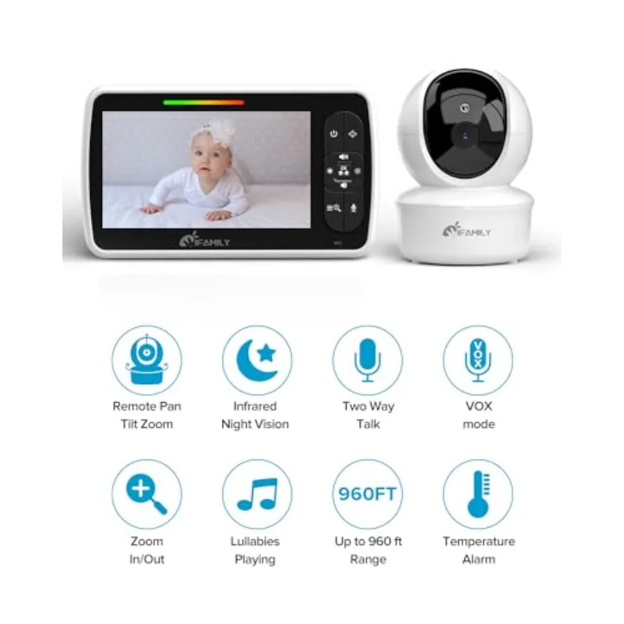 Baby Monitor with 5 Screen, 1080P Video, 30H Battery, No WiFi