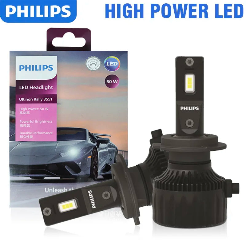 Philips LED H4 H7 H11 Ultinon Rally 3551 HB3 HB4 HIR2 Puissance 100W 9000LM 9005 9006 9012 Voyant de voiture à l’avant 6500K Blanc Éclairage élevé et lumineux