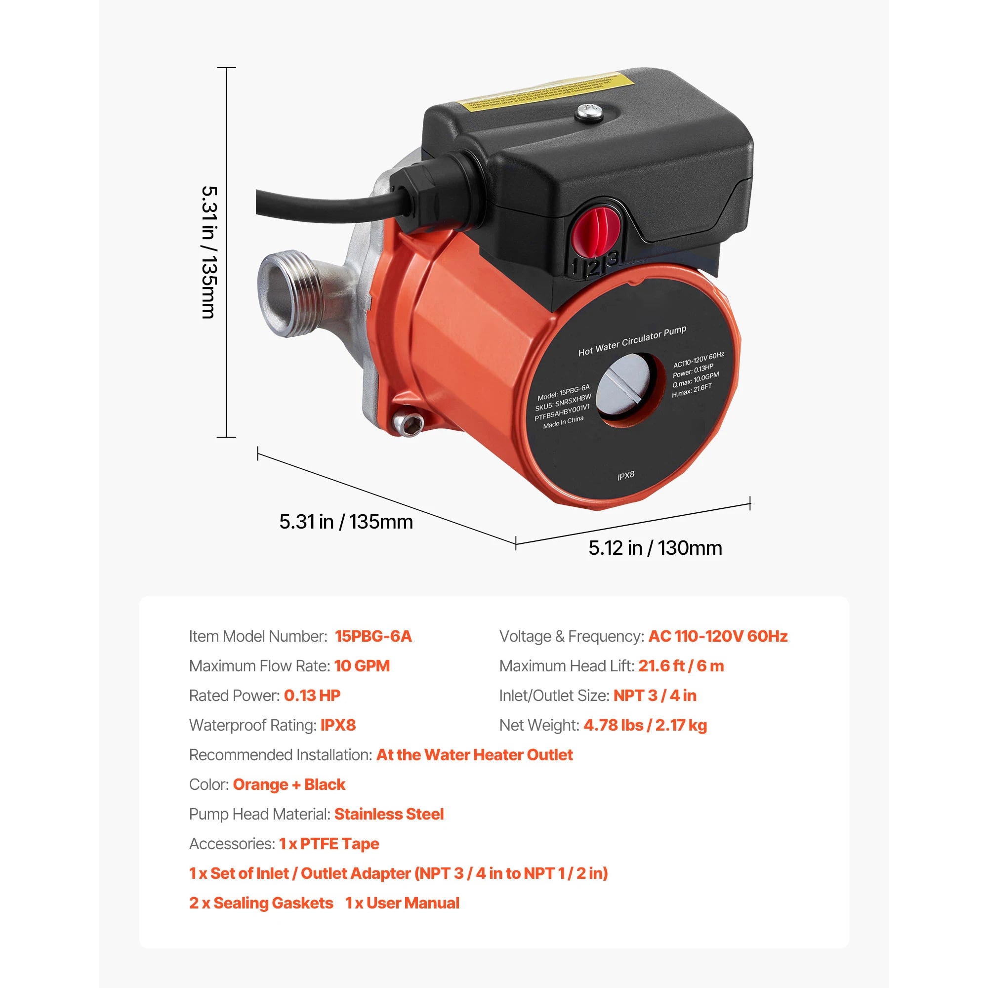 SucceBuy Hot Water Recirculating Pump 10 GPM 3 Speed Control 0.13 HP 110-120V NPT 3/4 to 1/2 Adapter Stainless Steel/Cast Iron