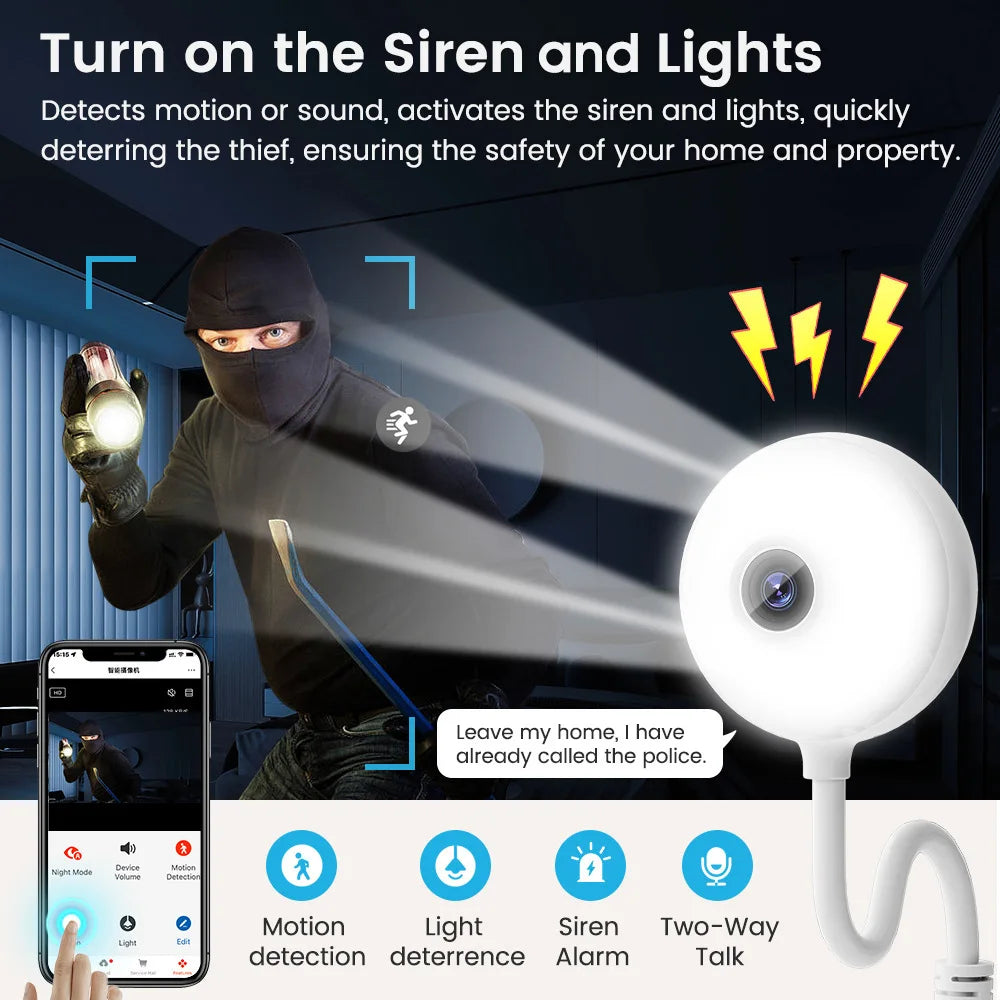 Tuya Indoor USB Light Bulb WiFi Camera 2K 5MP Mini Wireless Security IP Camera IR Color Night Vision Smart Life Baby Monitor Cam