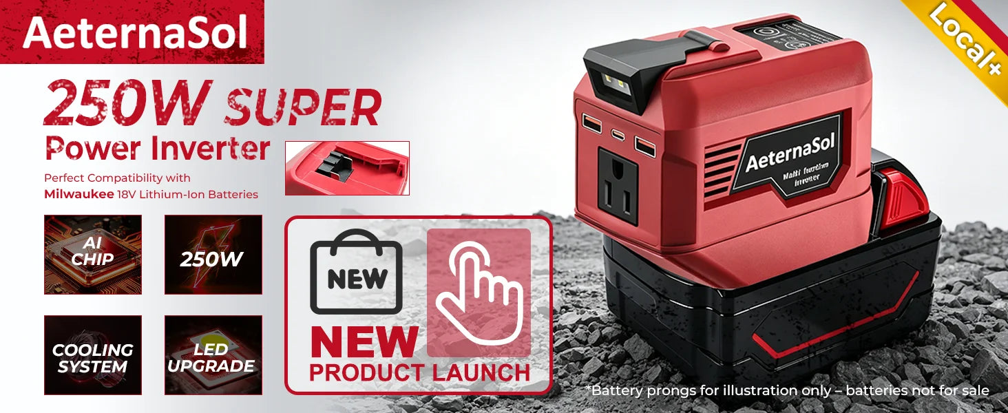 Инвертор с мощност 250W за 18V/20V батерия с 110V променлив ток, USB-C, USB и LED светлина