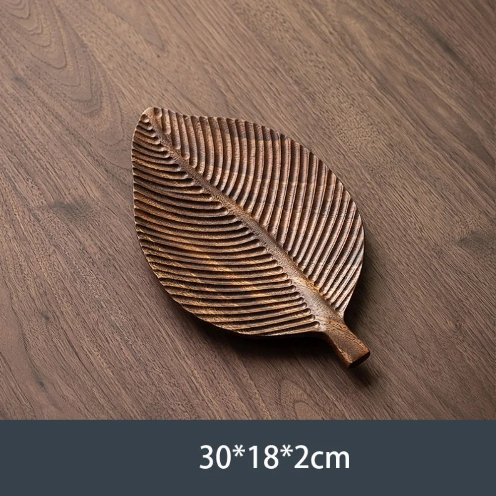 Walnut Round and Leaf Tea Tray, Retro Wooden Serving Platter