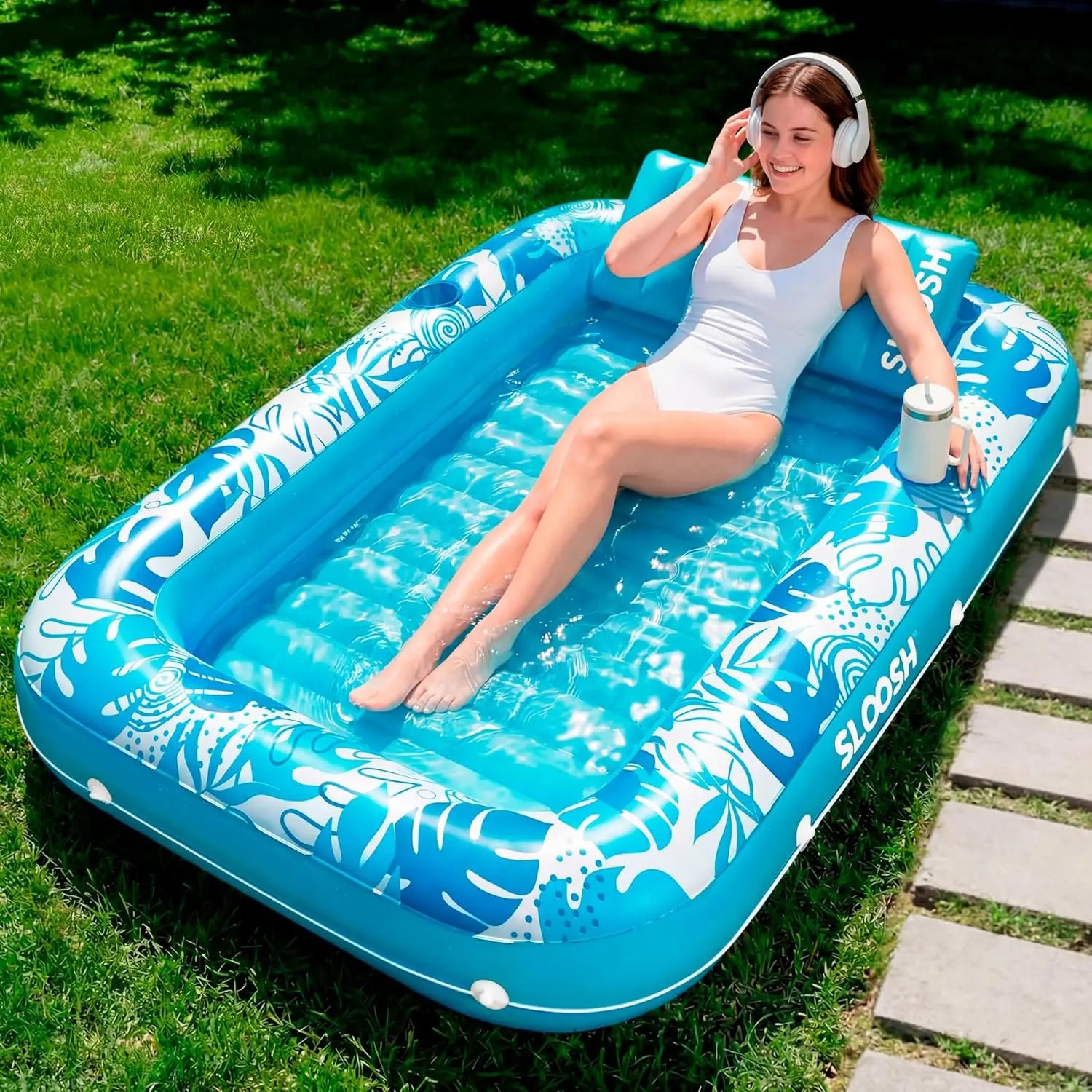 4-in-1 Inflatable Suntan Pool Float with Pillow, 70" x 46"