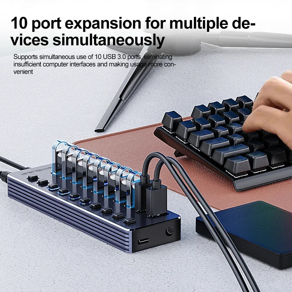 USB-C Hub with Individual Switches, 7 or 10 USB 3.0 Ports