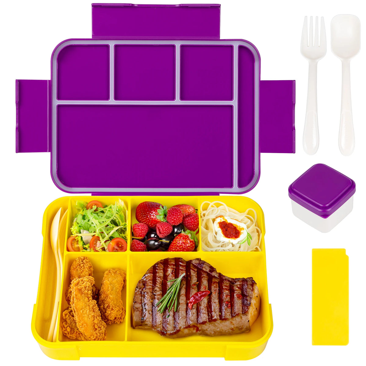 Caixa de almoço bento com divisórias, 1330ml, com talheres