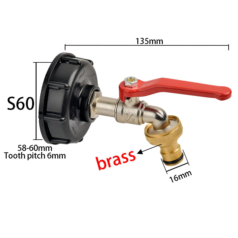 IBC Tank Tap Adapter S60*6 Coarse Thread to Brass/Alloy 16mm Quick Connect Replacement Valve Garden Home Valve Fitting Faucet 