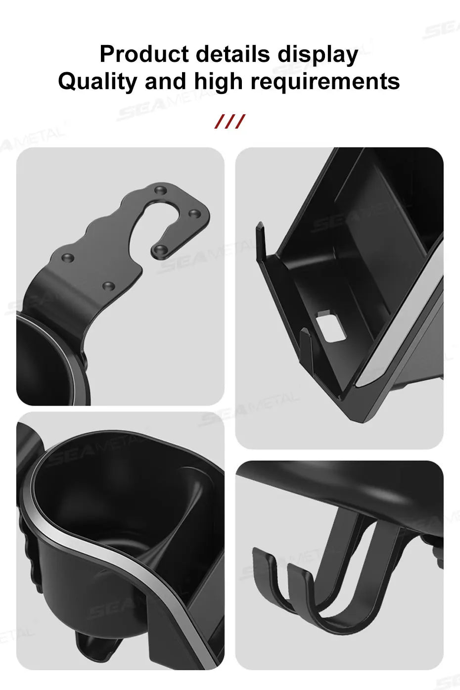 SEAMETAL 3 in 1 Car Headrest Cup Holder Car Rear Row Drink Holder Phone Mount Storage Organizer Large Load-Bearing Stable Hook