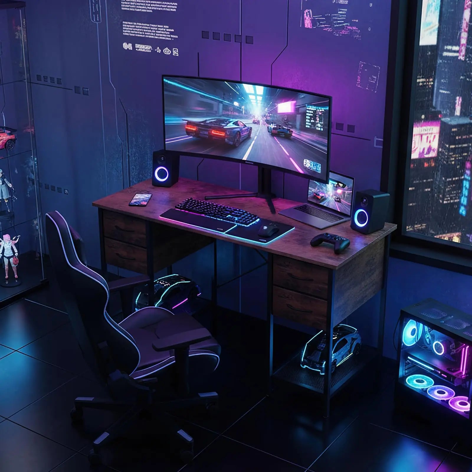 55 Inch Computer Desk with 4 Drawers and Mesh Shelf Storage