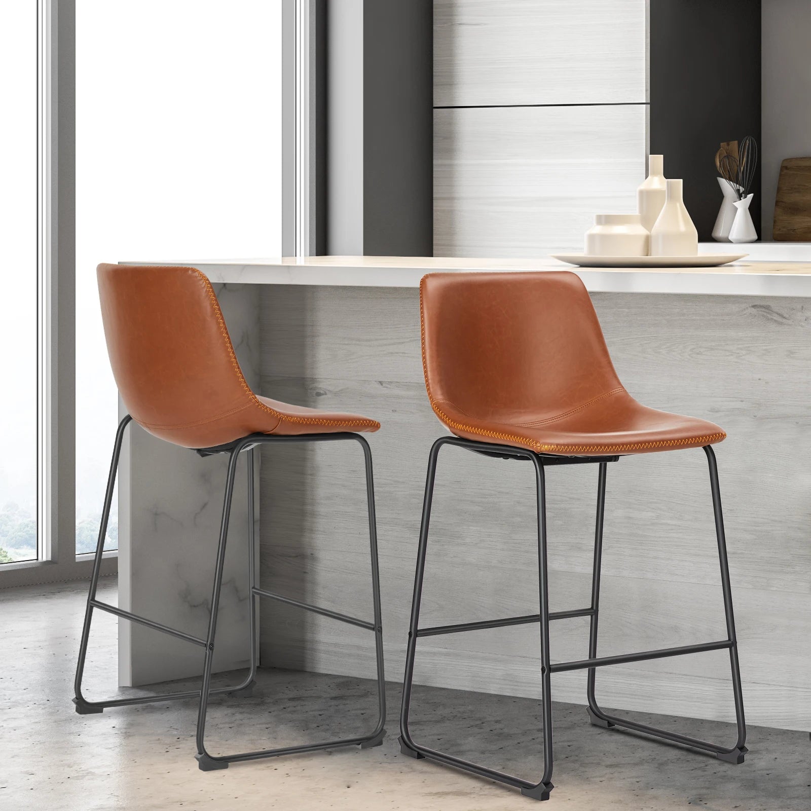 Counter Height Bar Stools Set of 2 Faux Leather with Back