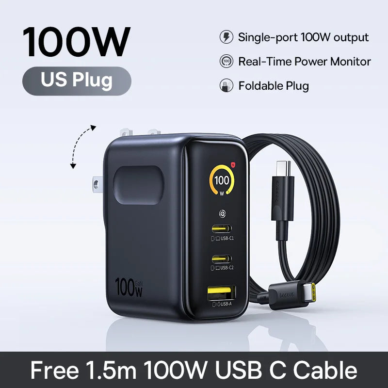 Baseus 100W GaN rychlá nabíječka s displejem, 3 porty USB-C a USB-A