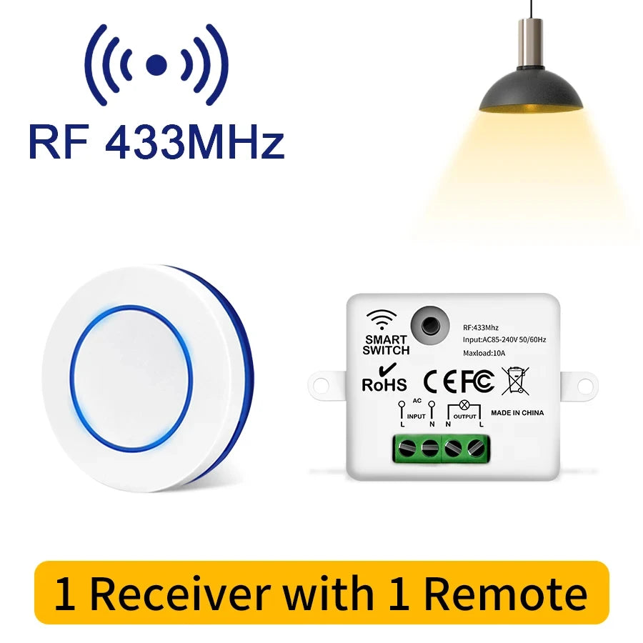 RF 433MHz Wireless Light Switch 220V 110V 10A Relay Controlle Mini Round Button Wall Panel Switch Remote Control For LED Lamp 
