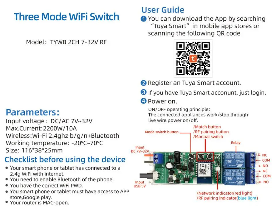 Tweerichting Wi-Fi droog-contact relaiscontroller