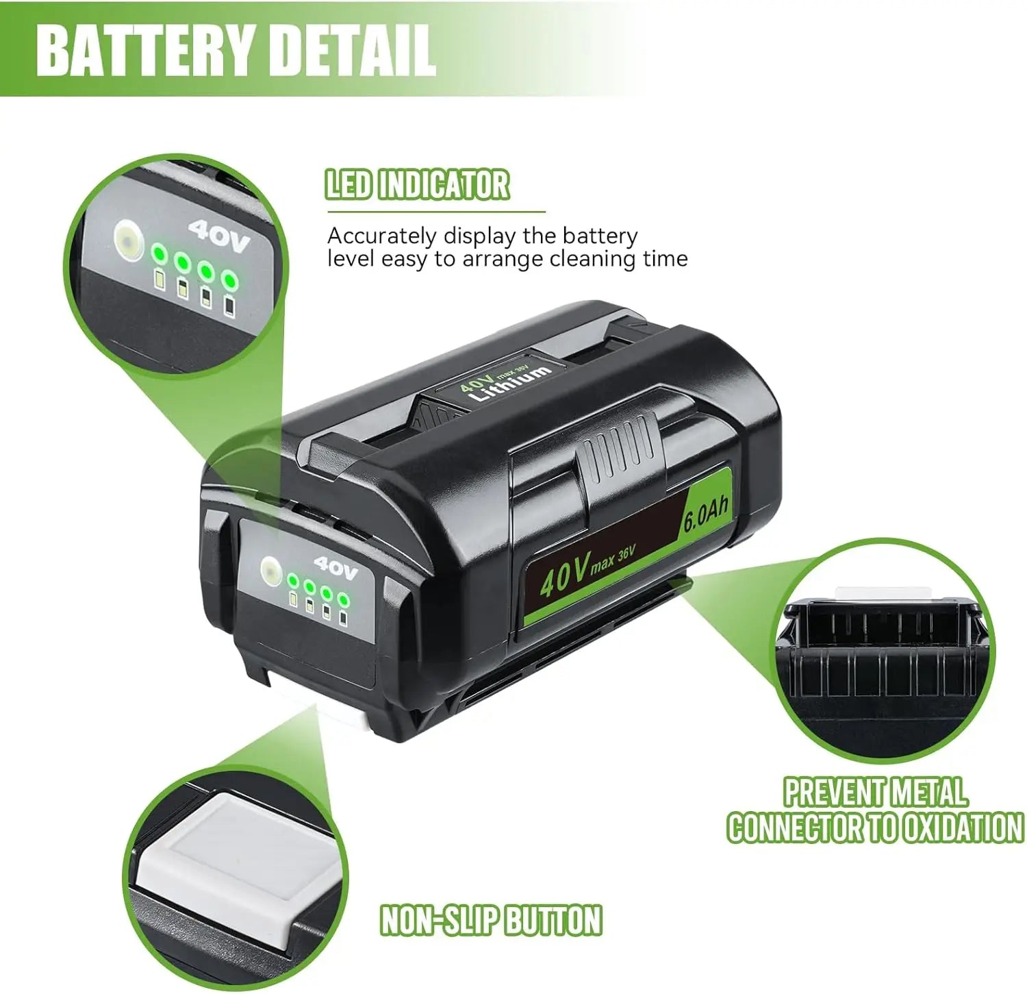 36V/40V 6.0Ah Lithium-Ion Battery Replacement with LED Indicator