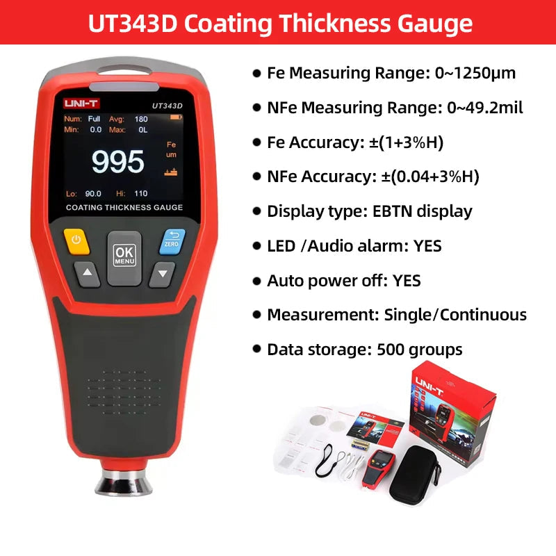 UNI-T UT343D Coating Thickness Gauge 0.1 Micron/0-1250um Automotive Paint Film Thickness Tester To Measure FE/NFE Paint Tools 