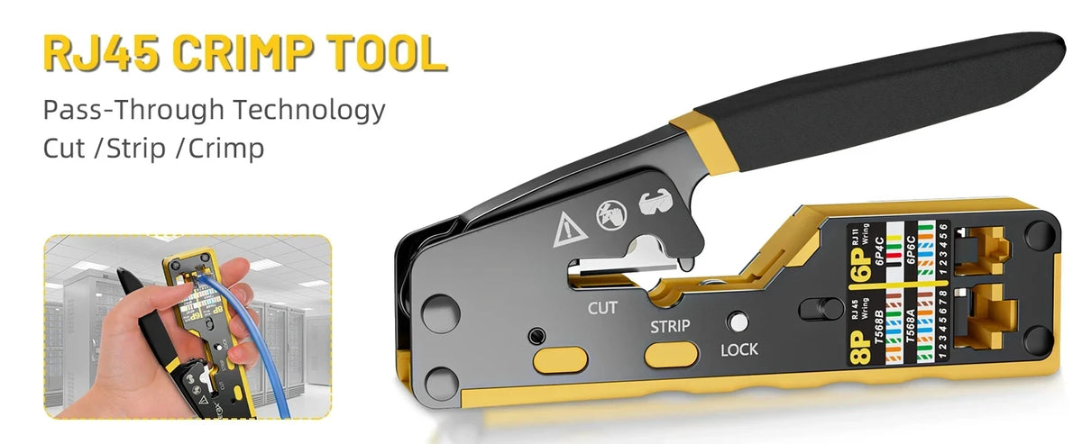 Pass-Through RJ45 Crimp, Cut and Strip Tool