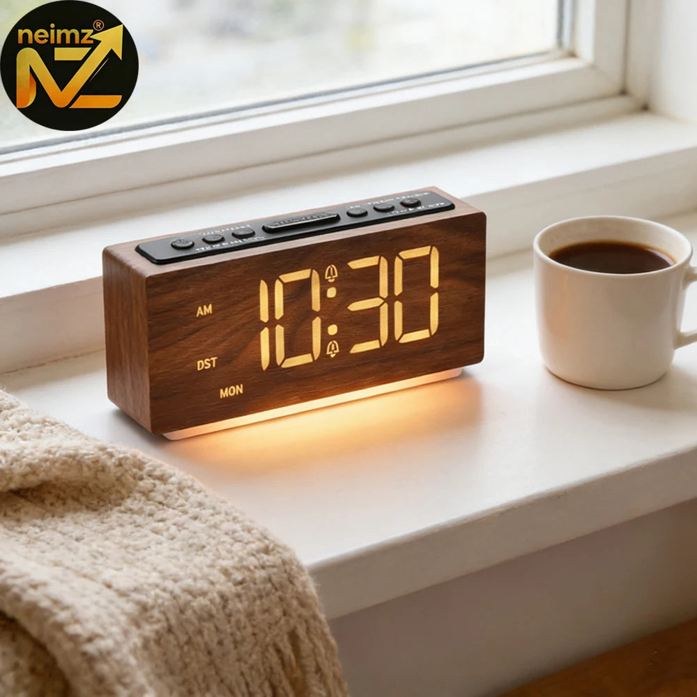 Modern Minimalist Digital LED Wooden Alarm Clock - Adjustable Brightness Nightlight & Snooze Function for Bedroom Decor