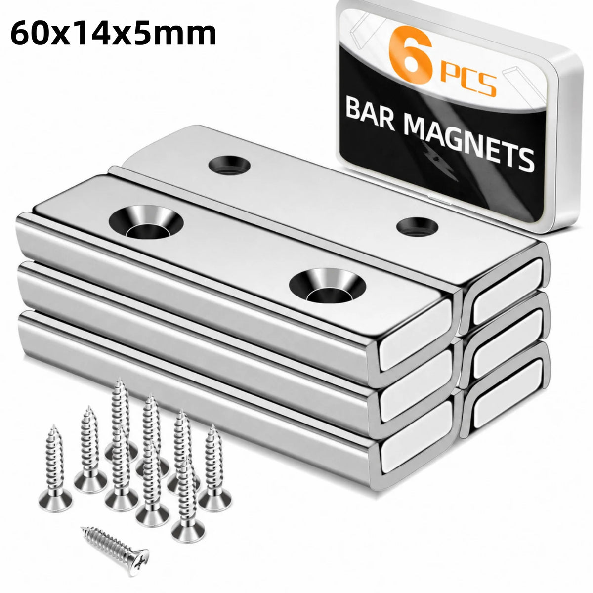 45 lb Bar Magnets with Countersunk Hole and Screws, Pack of 6 or 12
