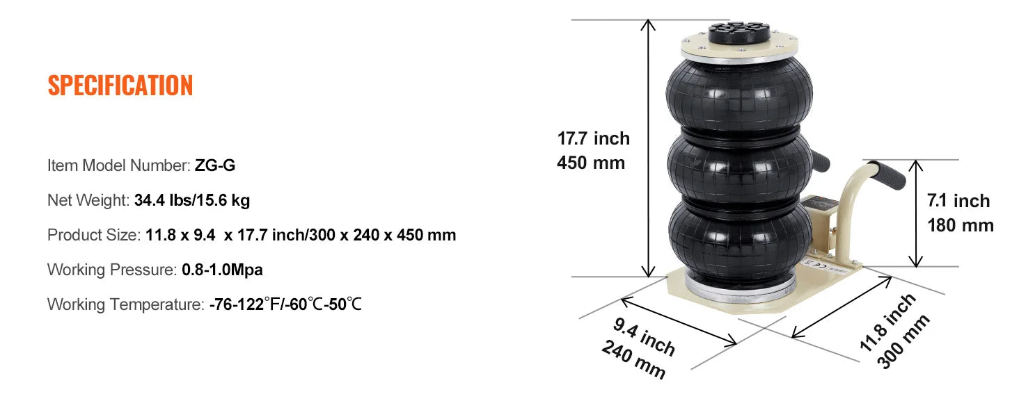 Pneumatický zvedák s trojitým vakem 3 tuny – rychlý zdvih 6600 lbs