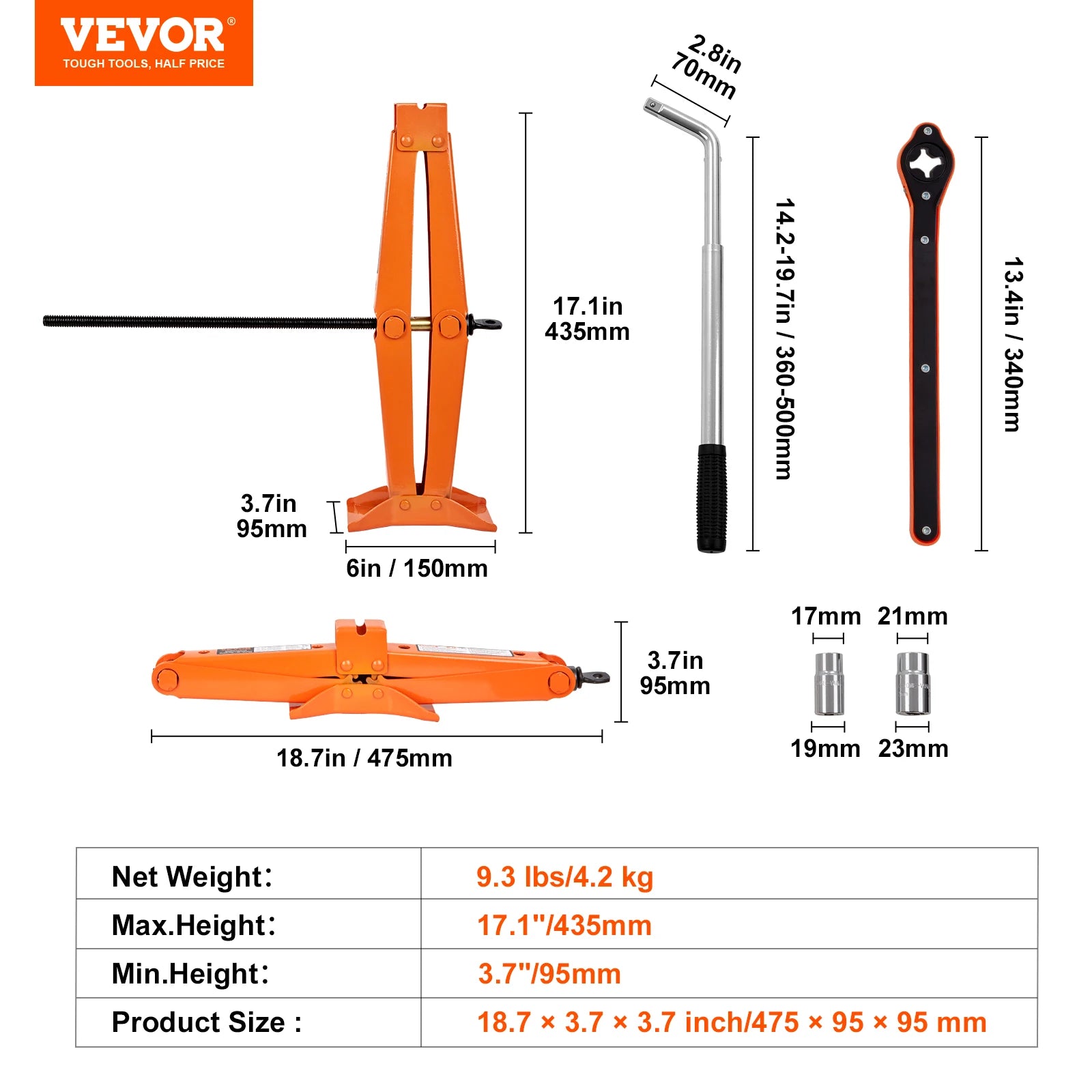 Kit cric a forbice da 2,5 ton con intervallo di sollevamento da 3,7 a 17,1"