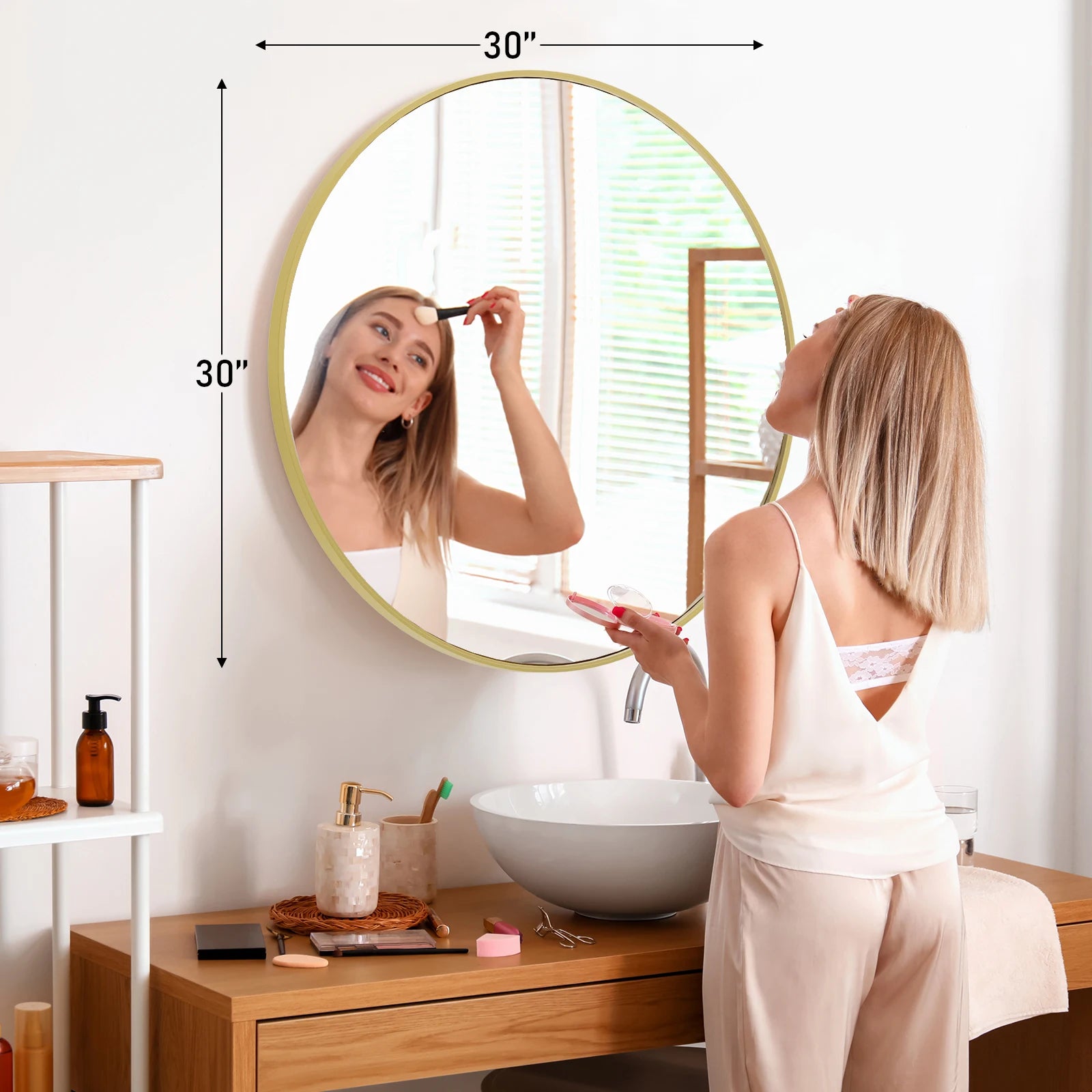 30 Inch Gold Round Wall Mirror with Metal Frame & Clear Glass