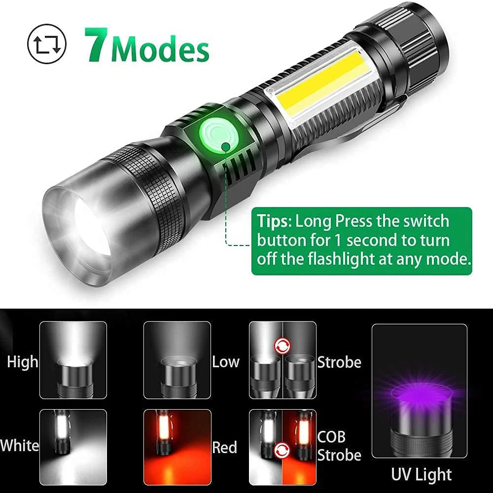Rechargeable LED and UV Flashlight with COB Light