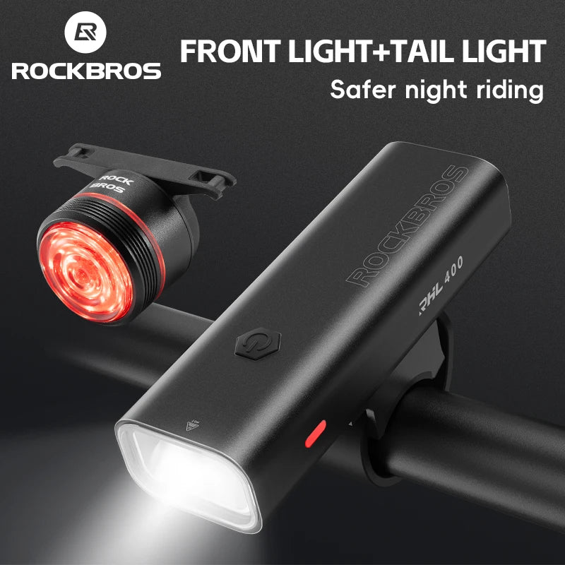 Set Luci per Bici ROCKBROS MTB Strada Impermeabile 200LM/400LM Faro Anteriore + Luce Posteriore Intelligente con Sensore Frenata Automatica