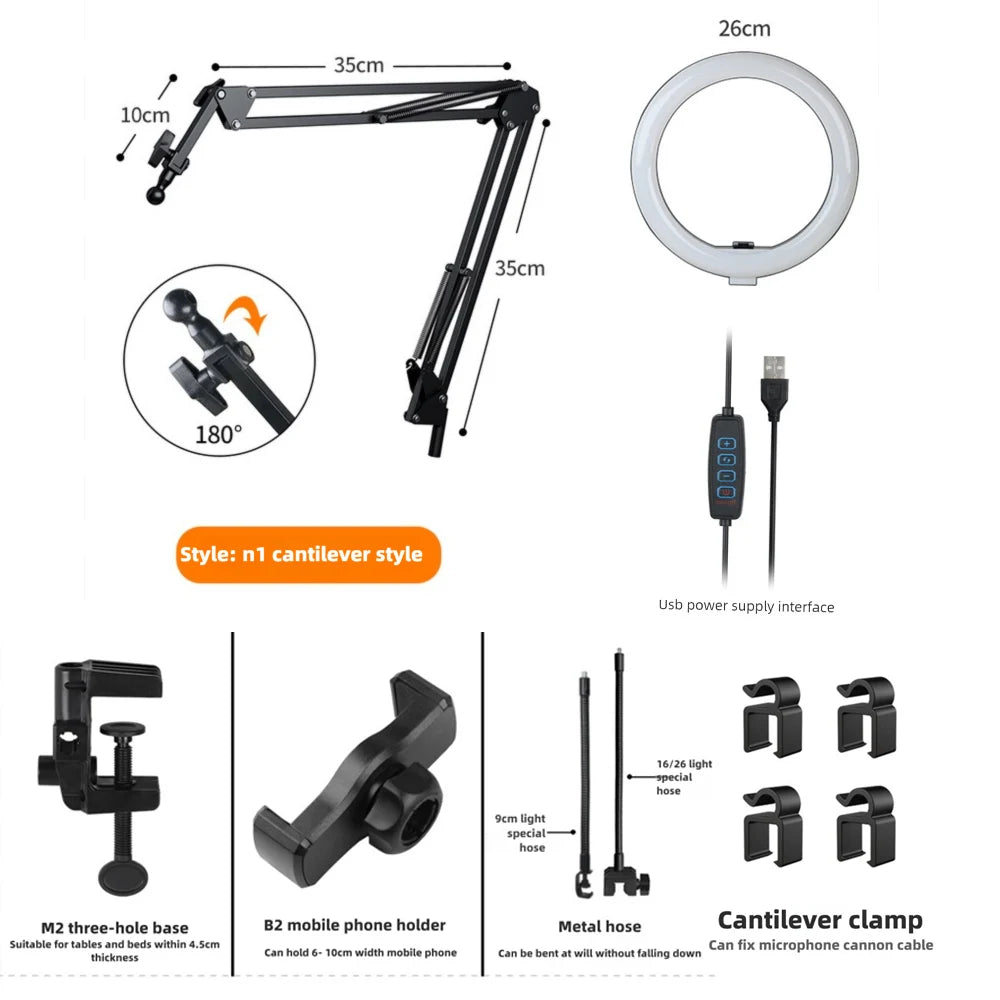 LED Phone live streaming Fill Light with Flexible Robotic Arm Phone Holder Fixed Shooting Recording Live Streaming Selfie Stick 