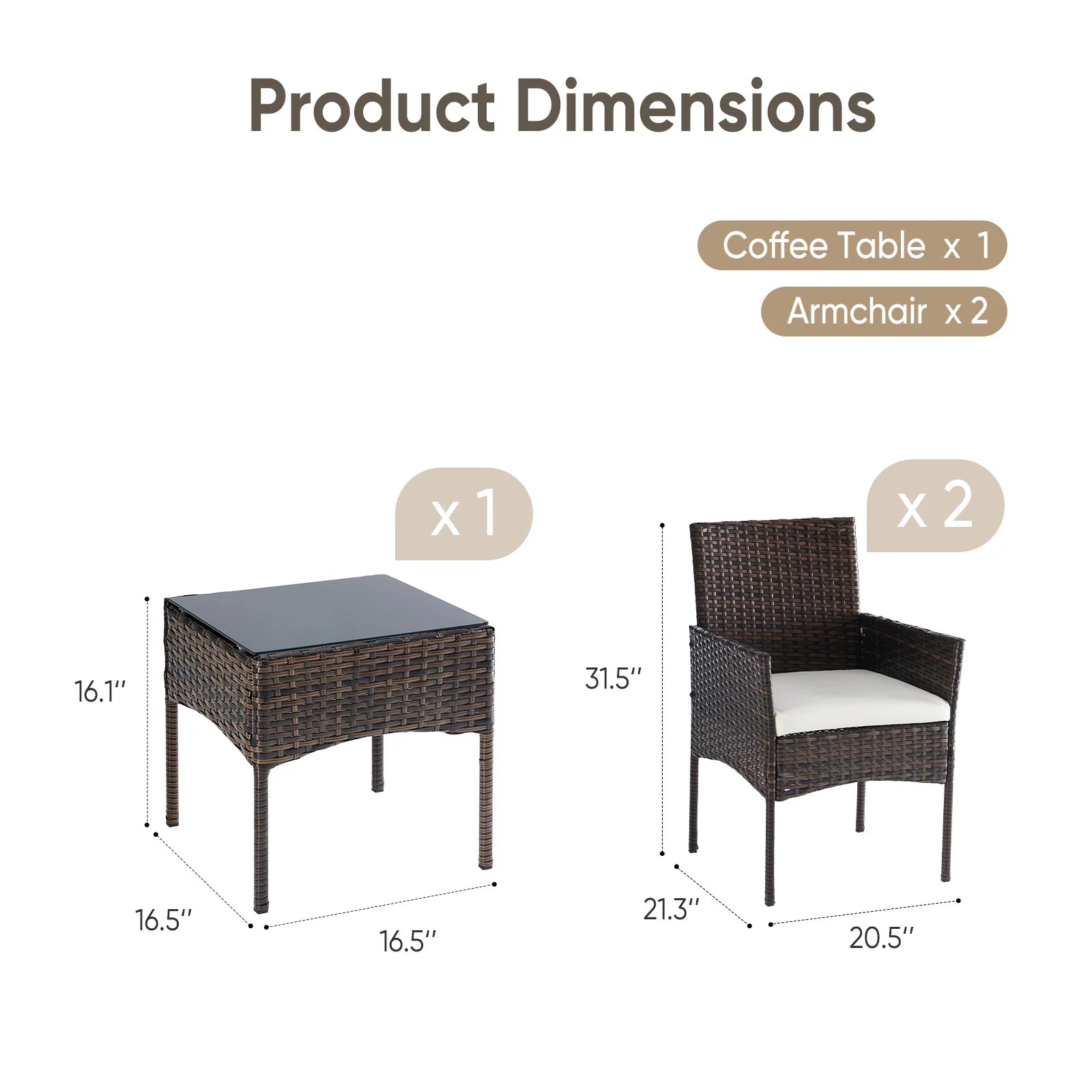 Set da giardino in rattan 3 pezzi con cuscini e tavolo in vetro