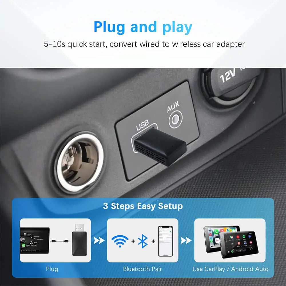 2in1 Wired to Wireless CarPlay Android Auto Adapter for OEM Car Stereo With USB Plug and Play 