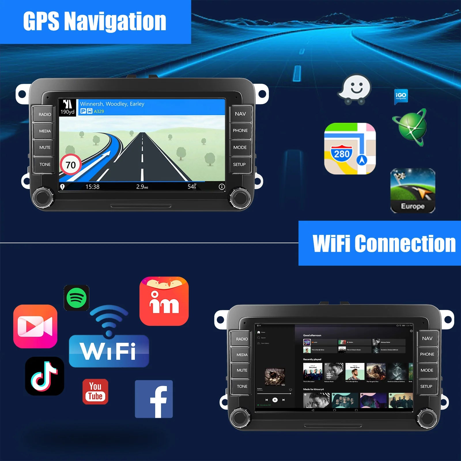 7" Android 14 Car Stereo for VW with CarPlay, GPS & Voice AI