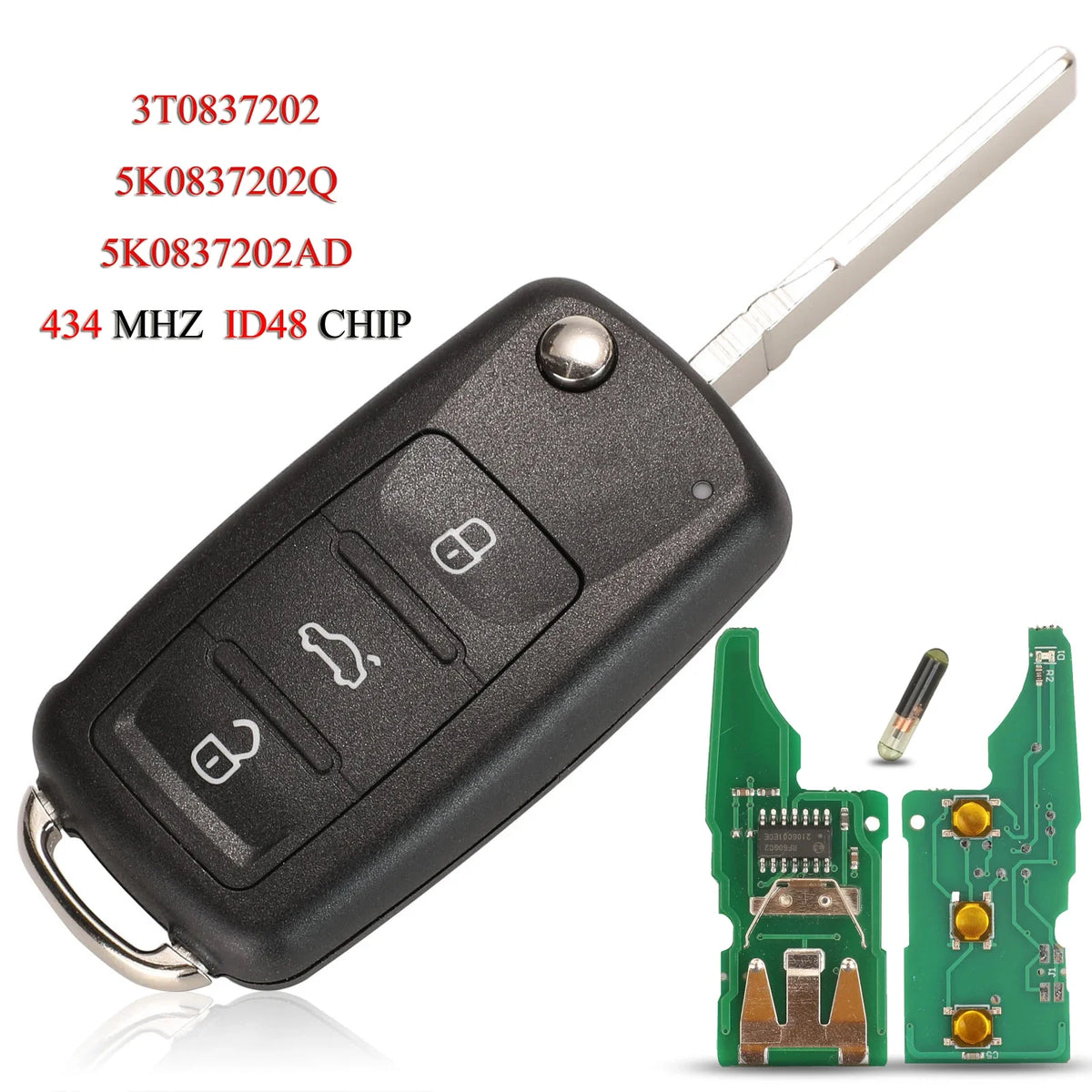 3T0837202 5K0837202AD / 202Q Diaľkový kľúč do auta pre VW Beetle Eos Golf 6 Jetta Tiguan Seat Škoda Fabia 434MHz ID48 Čip