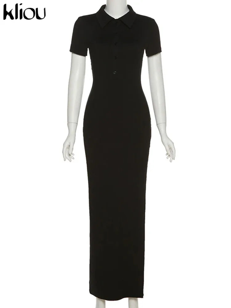 Kliou Elegant Office Lady Maxi Dress Women Solid Fashion Turn-down Collar Short Sleeve Button Side Slit Body-Shaping Street Robe 