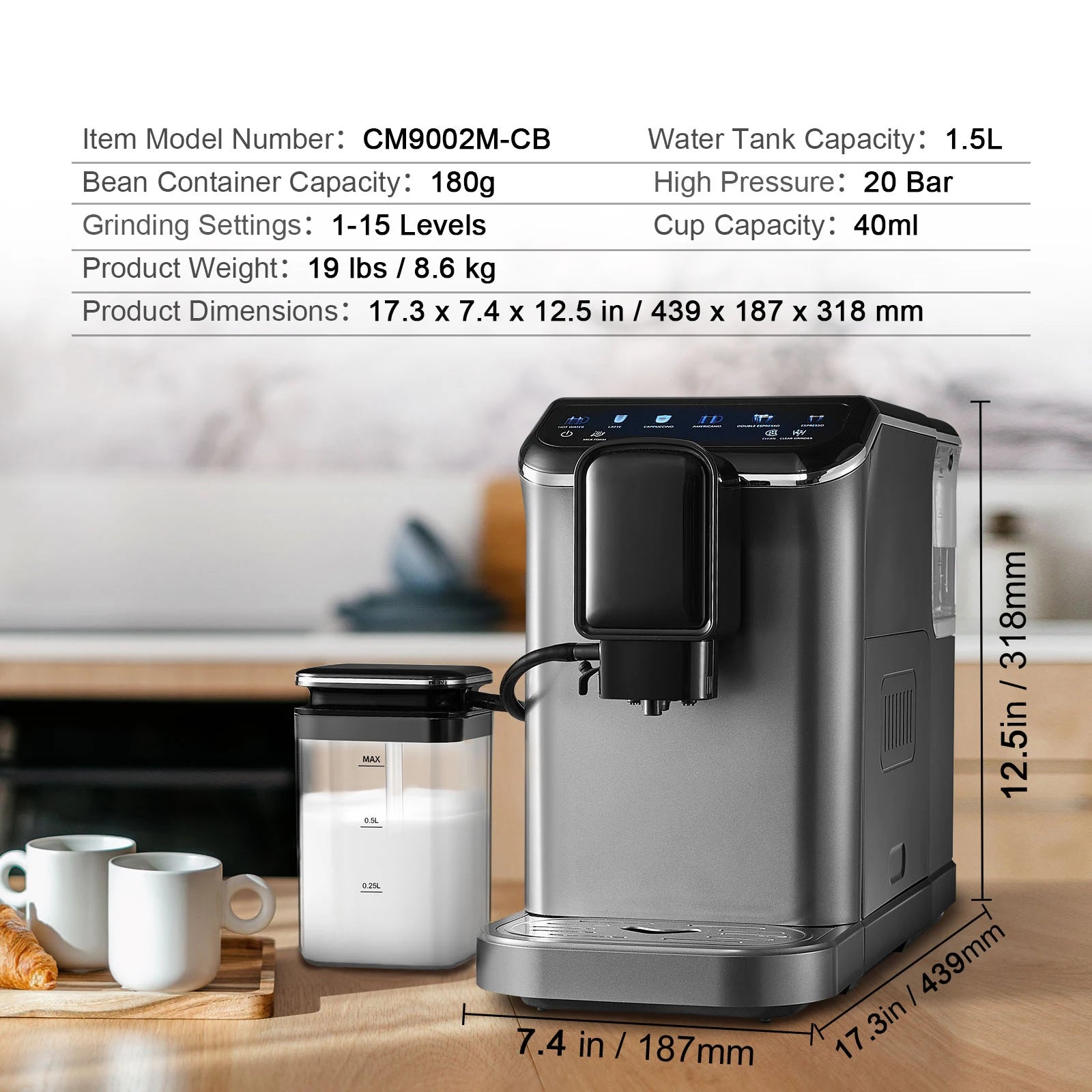 Automatic Espresso Machine with Grinder & Milk Frother Touch Screen