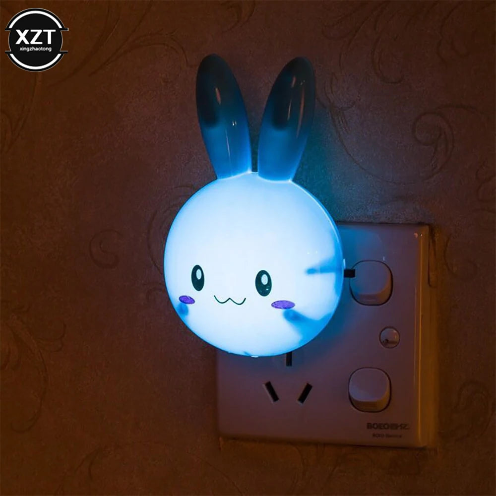 Lâmpada nocturna de coelho animado com 3 cores LED, liga/desliga, tomada AC 220V EUA, luminária de cabeceira para crianças, presente