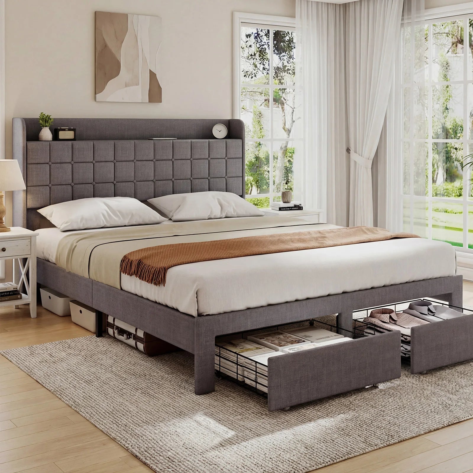 Wood Bed Frame with Storage Drawers & Upholstered Headboard