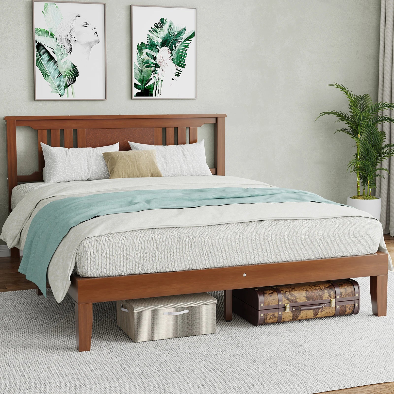 Solid Wood Platform Bed Frame with Headboard and Under-Bed Storage