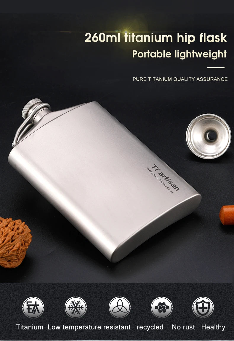 Portable Pure Titanium Hip Flask with Funnel, 200ml/260ml