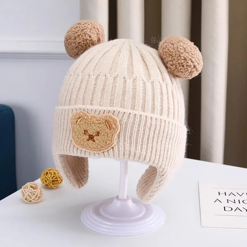 Baby wool hat cute bear ear protection hat children winter thickened warm knitted Korean version of the baby hat 