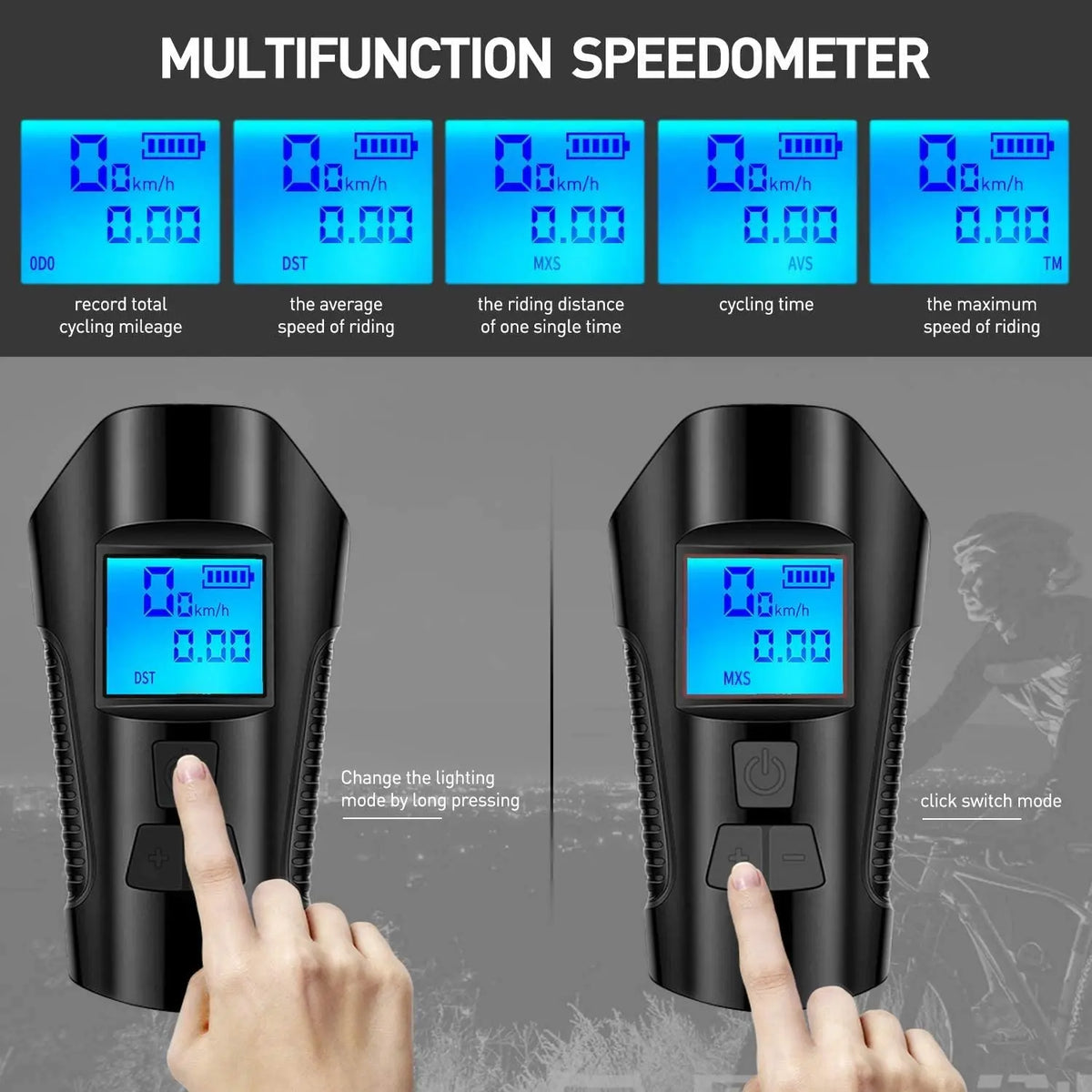 Rechargeable Bicycle Light with Horn and Speed Display