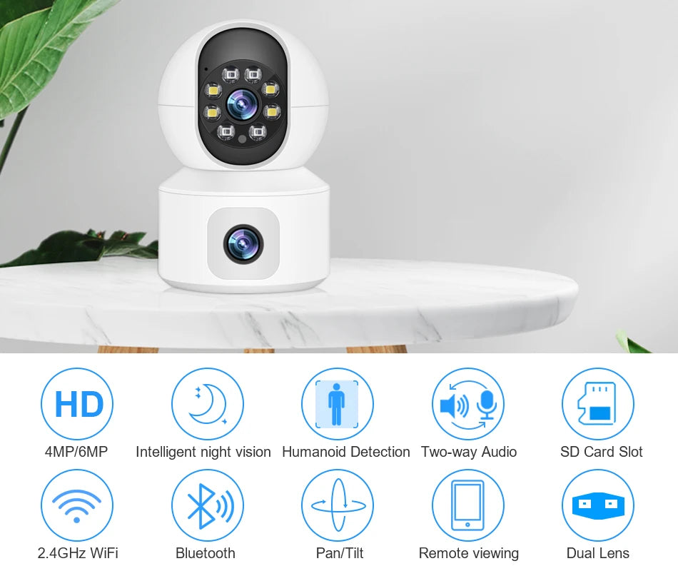 Caméra de sécurité WiFi à double objectif 6MP avec suivi automatique et audio