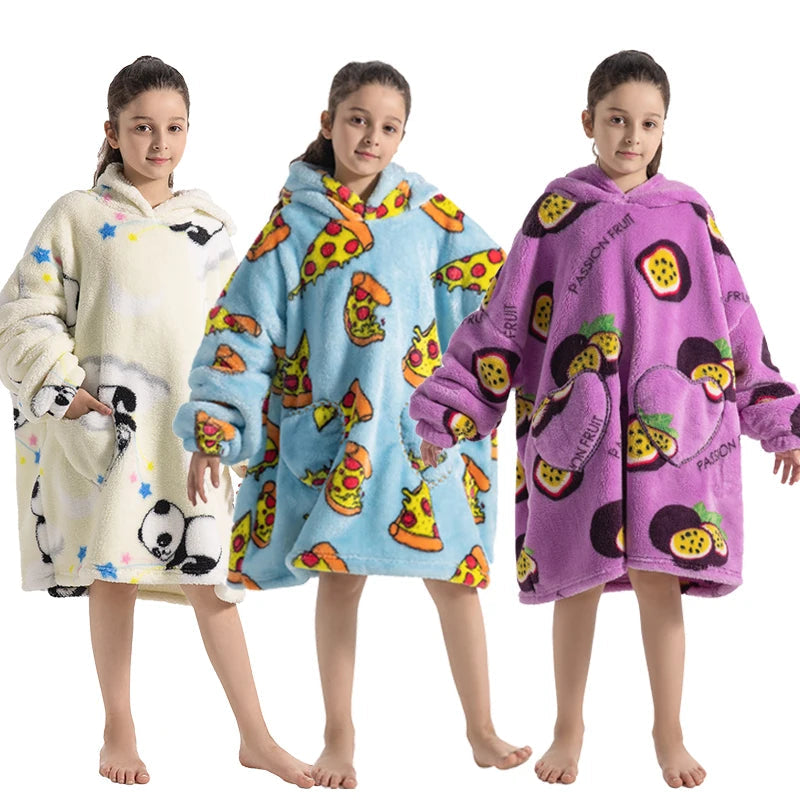 Girls Winter Clothes Flannel Thick Hoodies Super Warm Children's Sweaters Kids Hooded Loose Clothing Homewear Wearable Blankets 